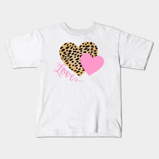 Cheetah Fur Pattern and Pink Hearts with Love Text Kids T-Shirt